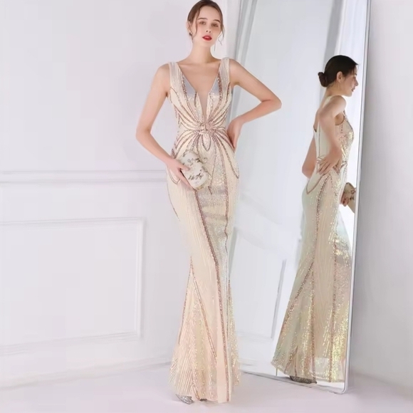 Champagne and Gold,  V Neck,  Striped,  Contrast Sequined Mermaid Gown - Picture 7 of 13